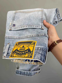 Men's Light Blue Embroidered Jeans – Slim Fit Vintage Washed Casual Pants