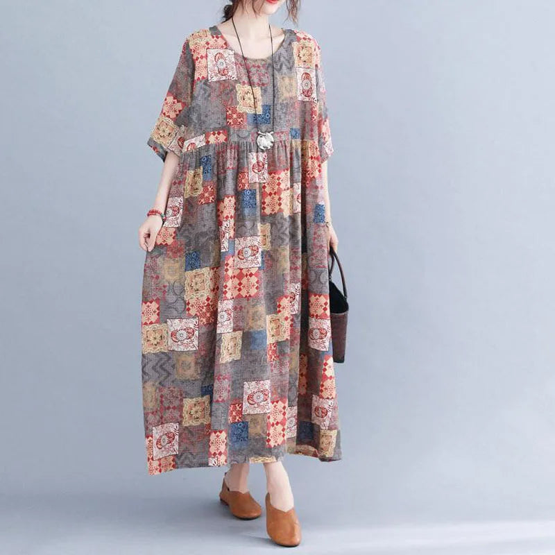 Women's Plus Size Bohemian Maxi Dress – Geometric Pattern Dress with Pockets