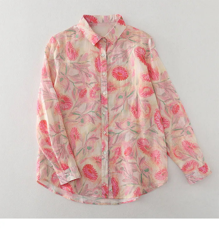 Women's Floral Cotton Linen Shirt – French Artistic Print Long Sleeve Blouse