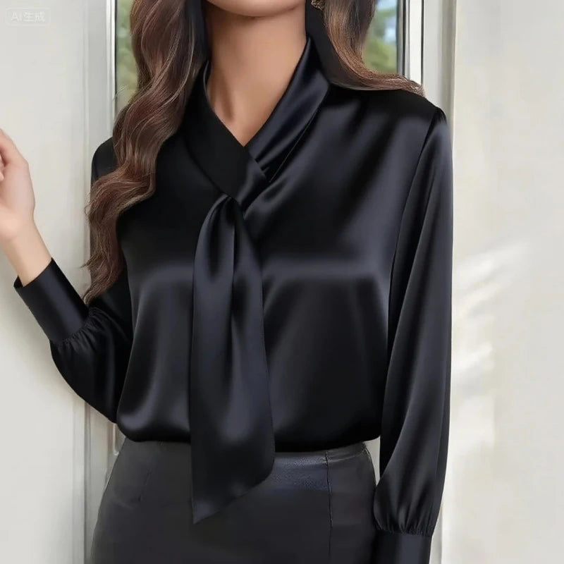 Women's Satin Long Sleeve Office Blouse – Elegant Solid Color Office Pullover