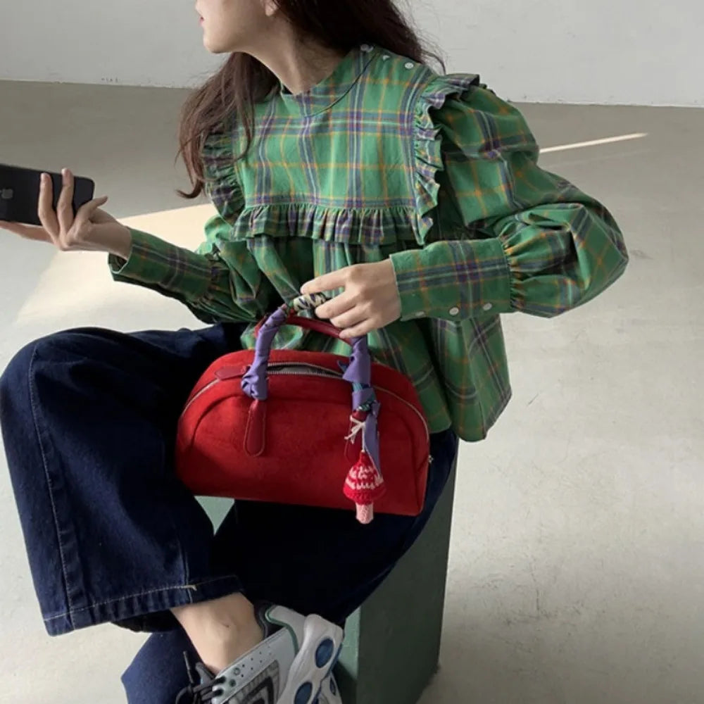 Women's Plaid Peter Pan Collar Blouse – Vintage Korean Chic Ruffle Shirt