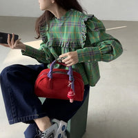 Women's Plaid Peter Pan Collar Blouse – Vintage Korean Chic Ruffle Shirt