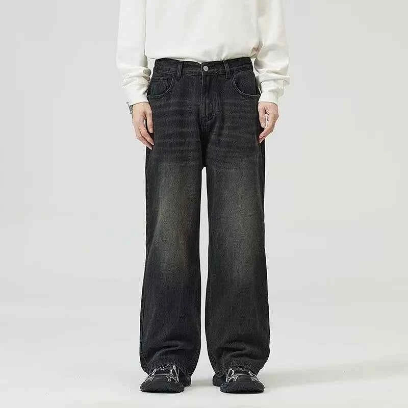 Men's Black Wide Leg Retro Jeans – Washed Loose Straight Cleanfit Denim Pants