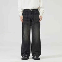 Men's Black Wide Leg Retro Jeans – Washed Loose Straight Cleanfit Denim Pants