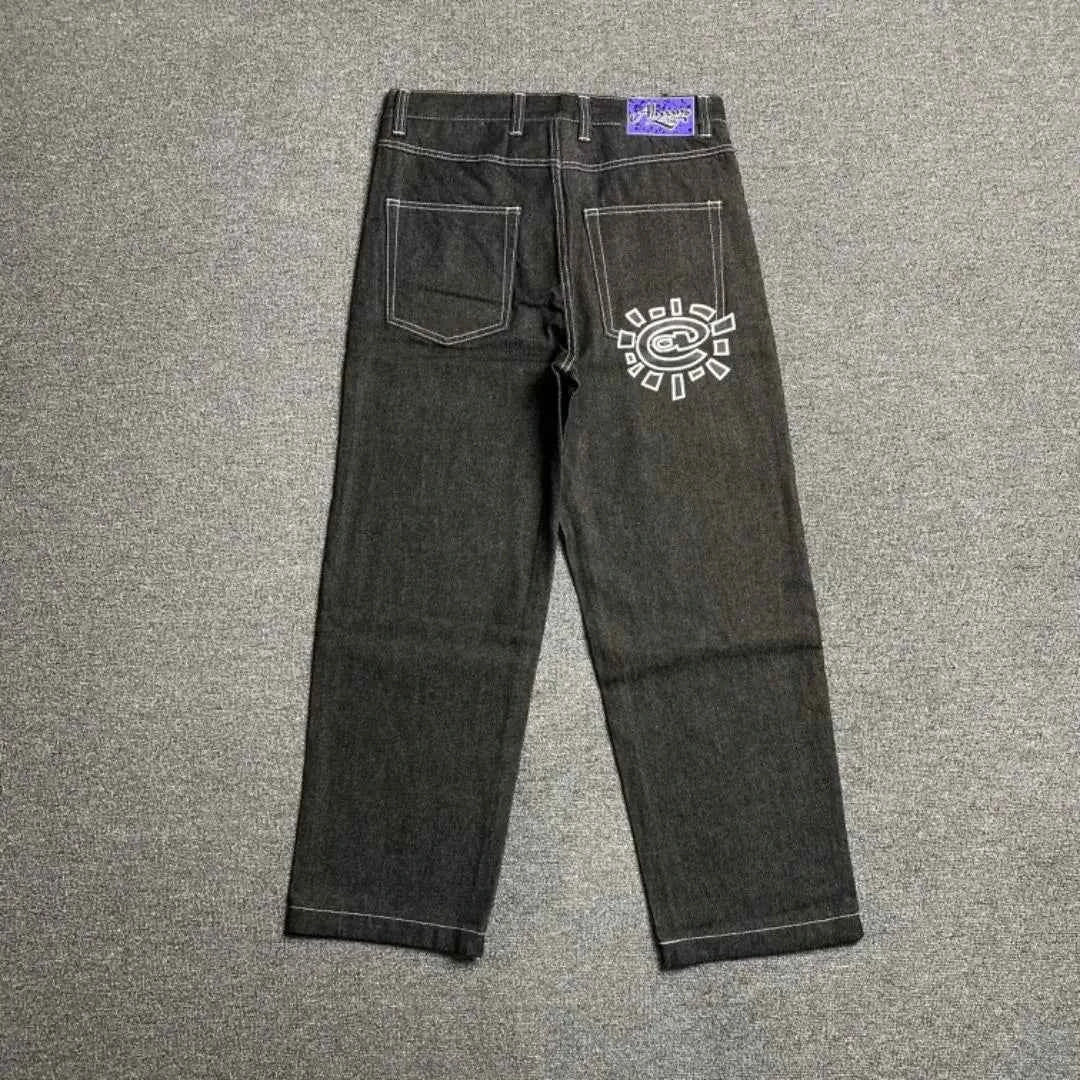 Men's Printed Embroidered Straight Jeans – Trendy Black Streetwear Denim Pants