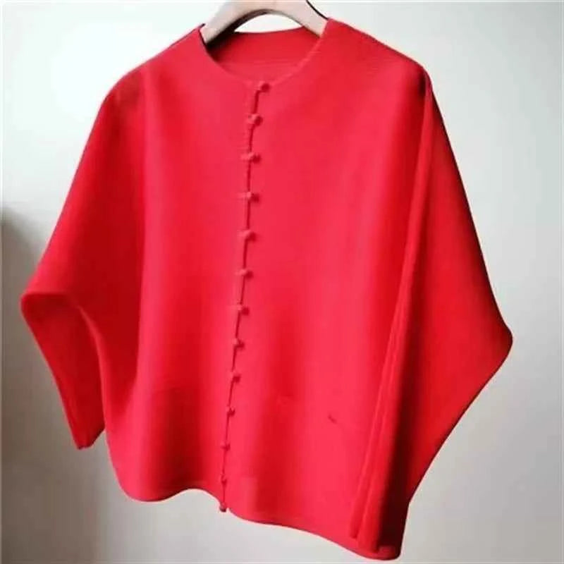 Women's Bat Sleeve Pleated T-Shirt Jacket – Loose Fit Single Breasted Top