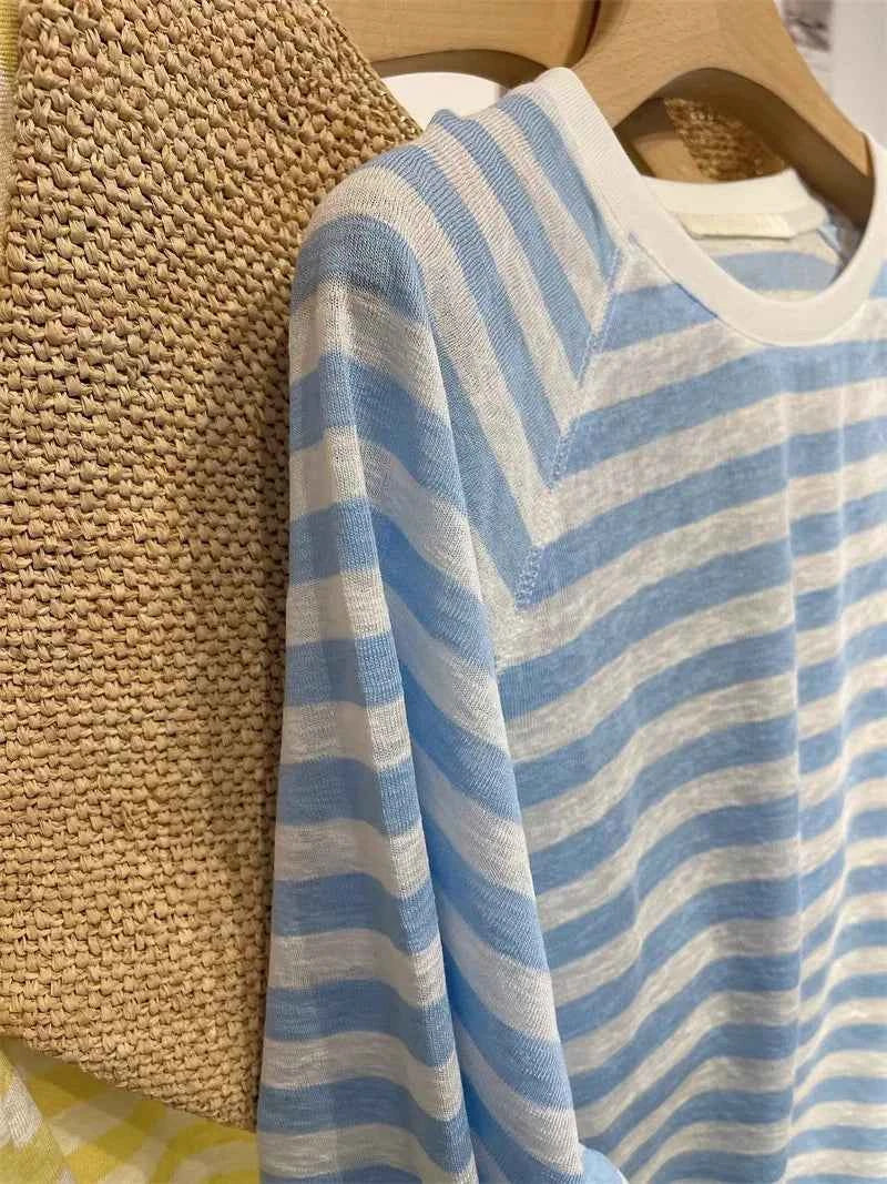 Women's Striped Loose Fit Summer T-Shirt – Trendy Korean Style Sun-Proof Summer Top