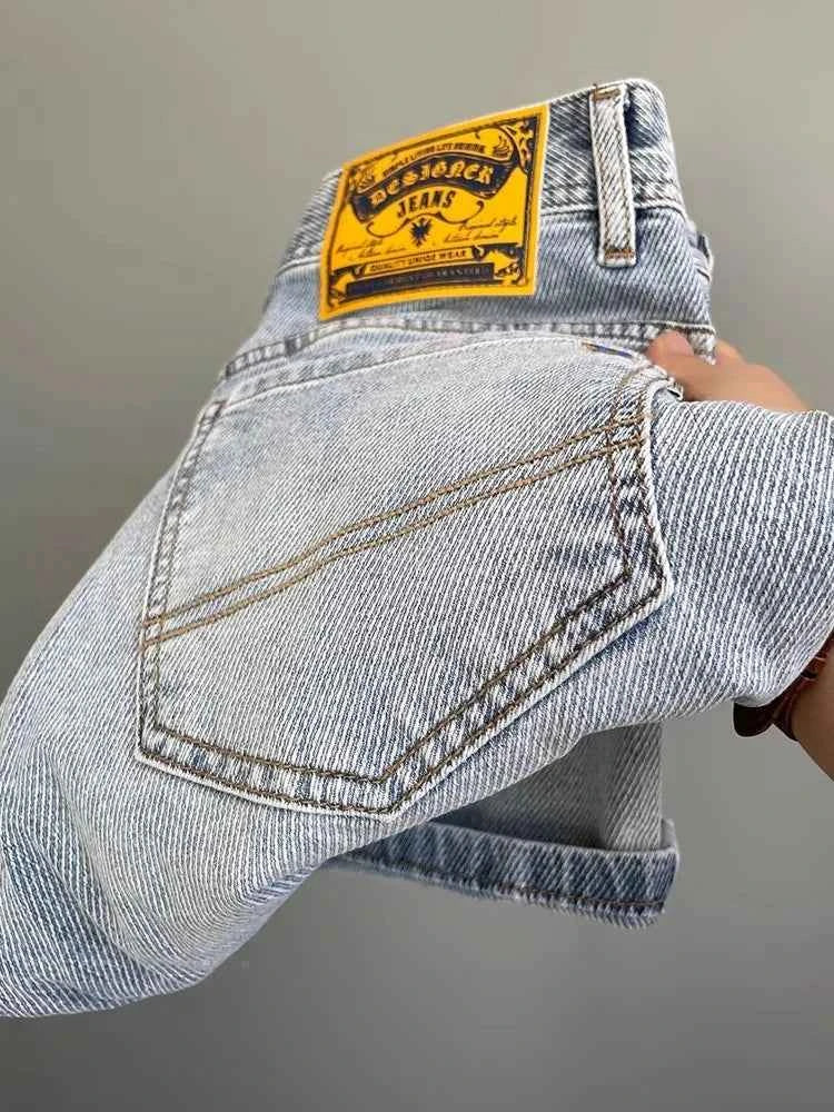 Men's Light Blue Embroidered Jeans – Slim Fit Vintage Washed Casual Pants