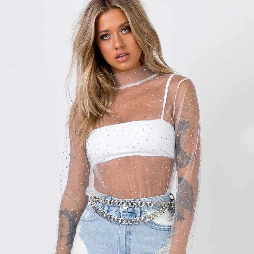 Women's Lace Mesh Sheer Crop Top – Rhinestone Turtleneck Long Sleeve Cover Up