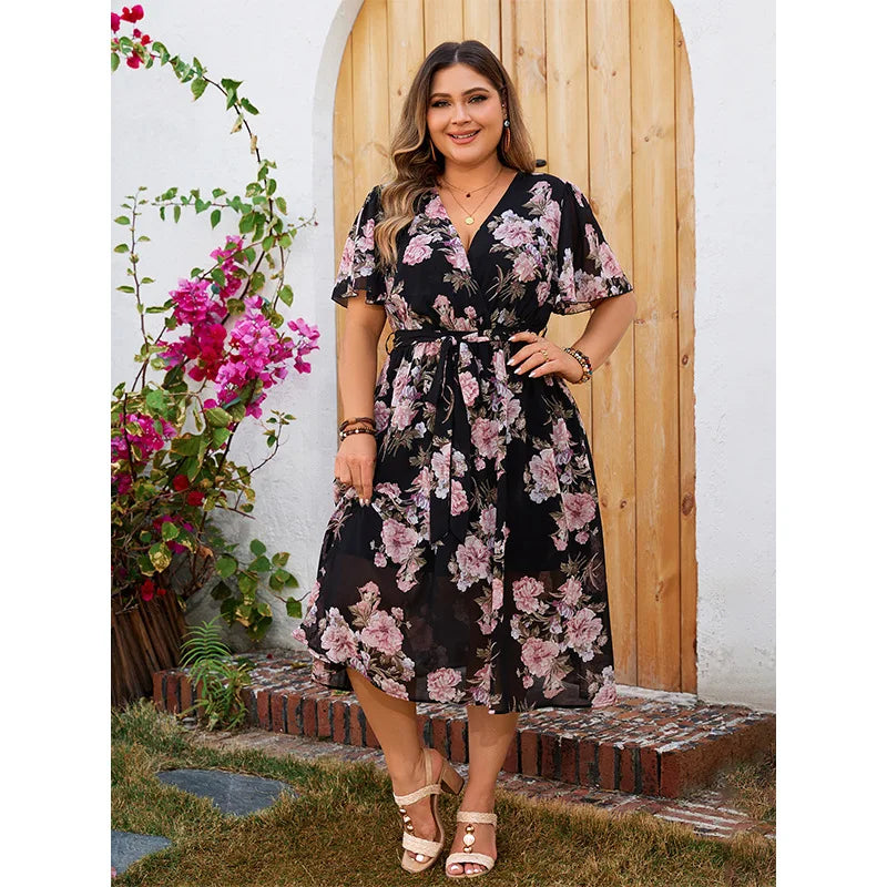 Women's Plus Size Floral V-Neck Dress – Elegant Bohemian A-Line Vacation Dress