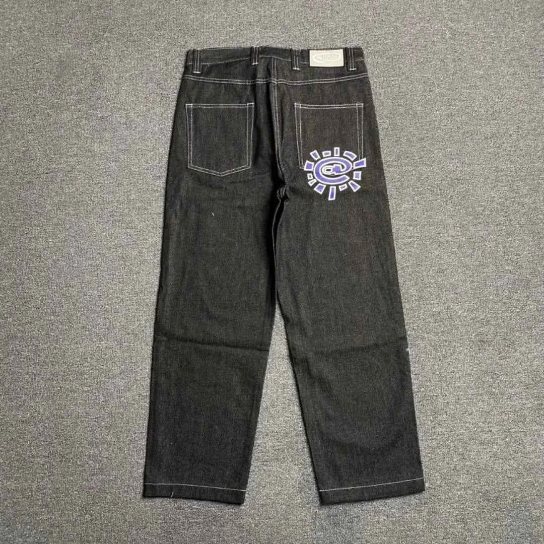 Men's Printed Embroidered Straight Jeans – Trendy Black Streetwear Denim Pants