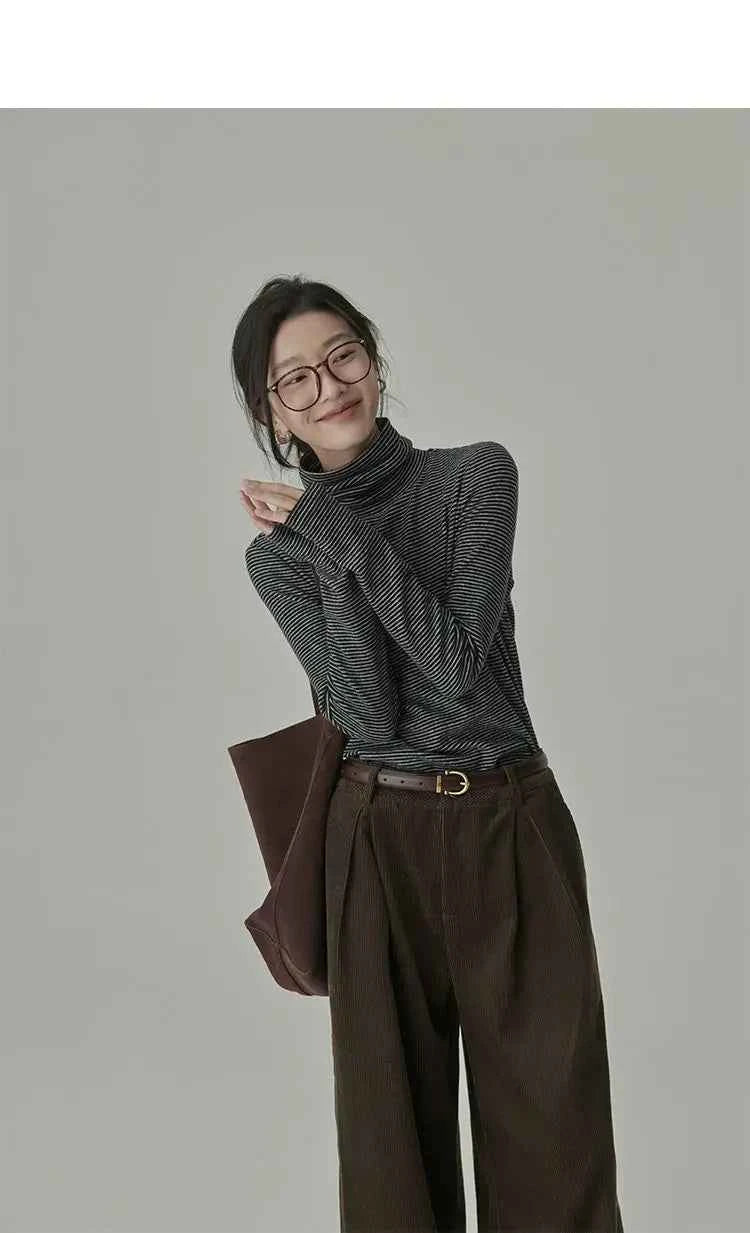 Women's Striped Long Sleeve Turtleneck T-Shirt – Cozy Elegant Korean Style Casual Spring T-Shirt