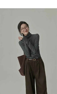 Women's Striped Long Sleeve Turtleneck T-Shirt – Cozy Elegant Korean Style Casual Spring T-Shirt