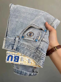 Men's Light Blue Embroidered Jeans – Slim Fit Vintage Washed Casual Pants