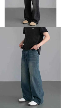 Men's Black Wide Leg Retro Jeans – Washed Loose Straight Cleanfit Denim Pants