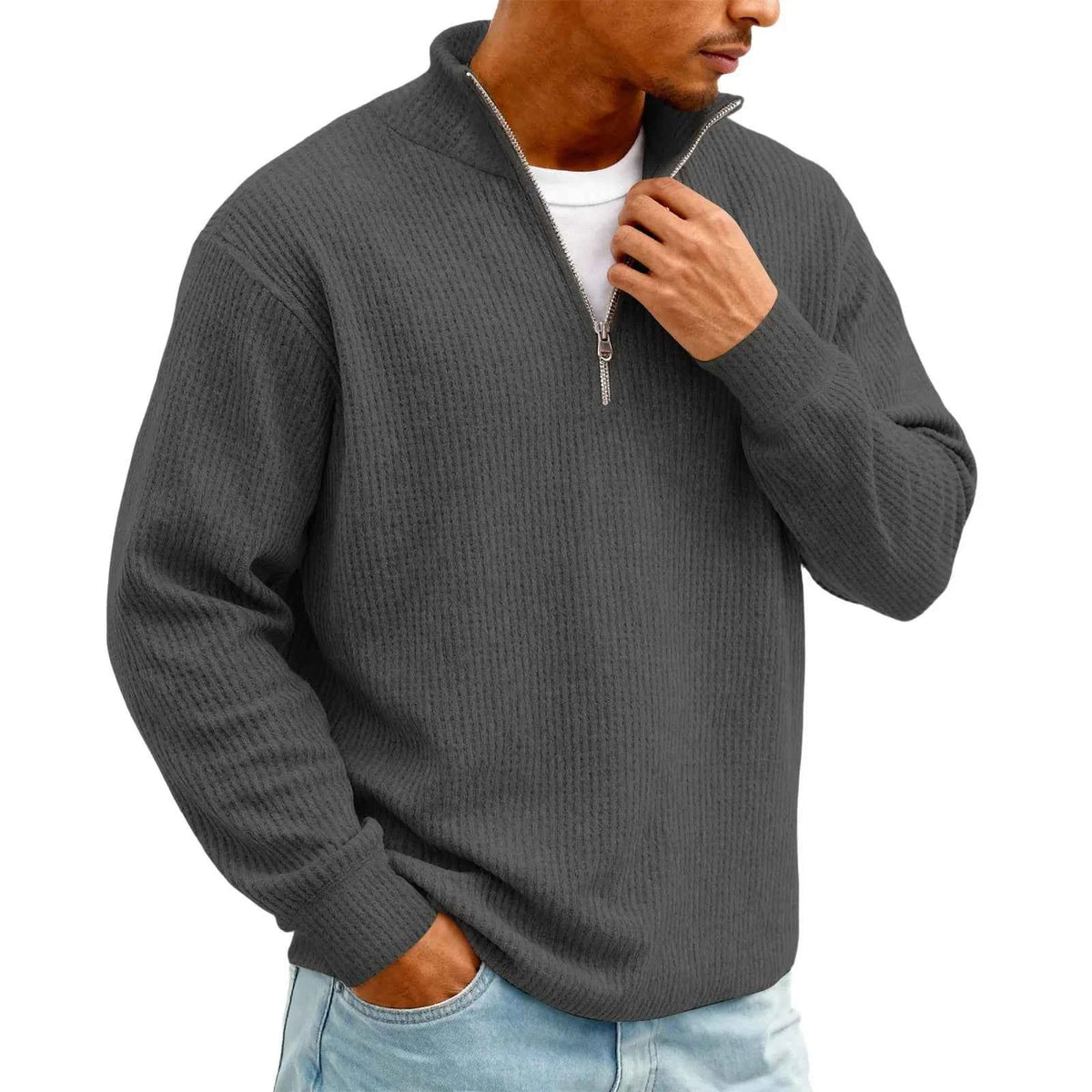 Men's Waffle Long Sleeve Polo T-Shirt – Casual Loose Fit Zipper Collar Sweatshirt
