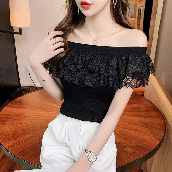 Women's Lace Ruffle Summer Blouse – Sweet Patchwork Knitted Tunic Top