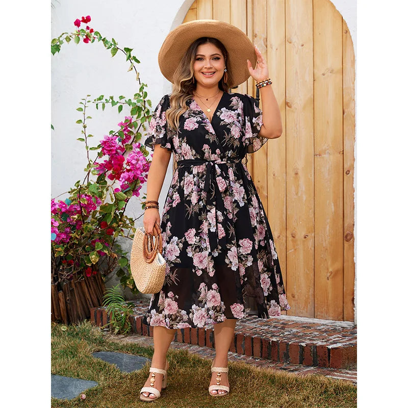 Women's Plus Size Floral V-Neck Dress – Elegant Bohemian A-Line Vacation Dress