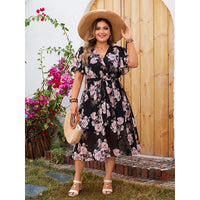 Women's Plus Size Floral V-Neck Dress – Elegant Bohemian A-Line Vacation Dress