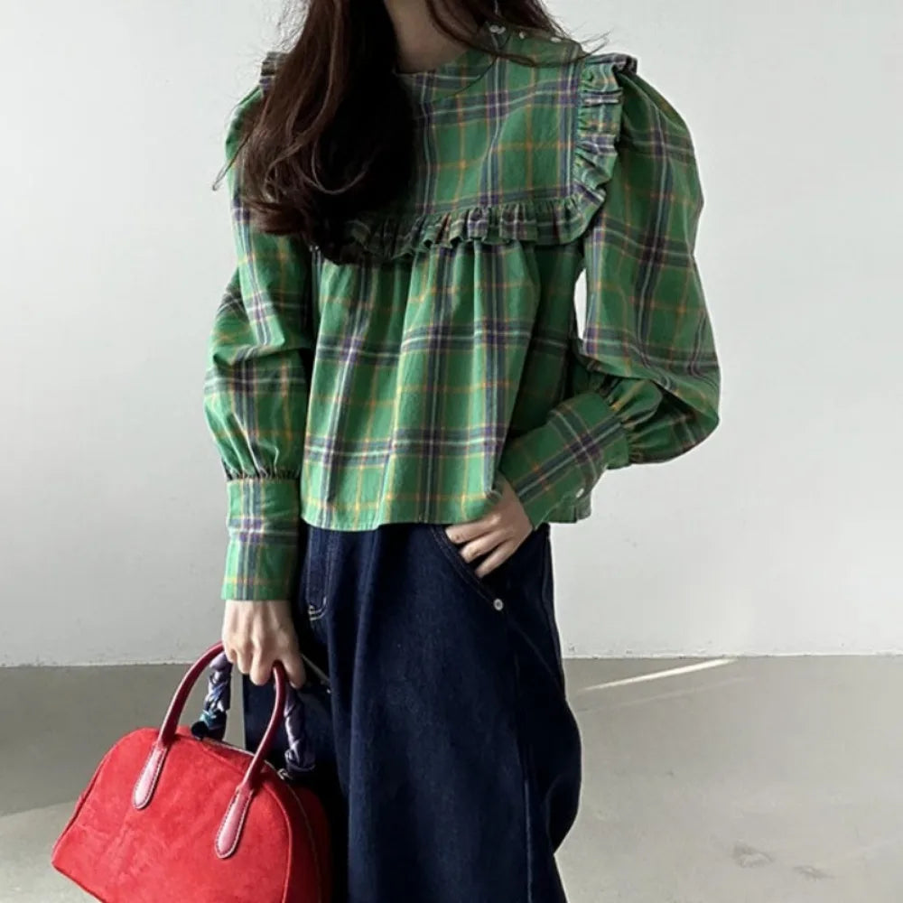 Women's Plaid Peter Pan Collar Blouse – Vintage Korean Chic Ruffle Shirt