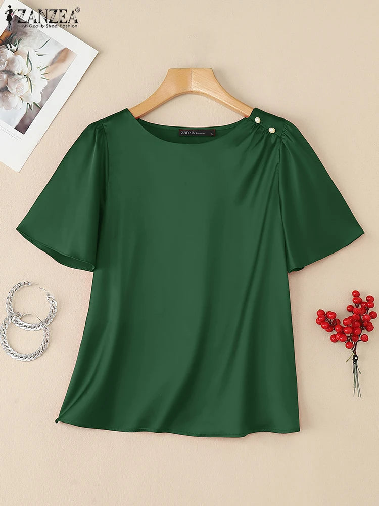Women's Satin Office Blouse – Elegant Short Sleeve O-Neck Work Top 2025
