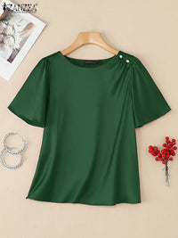 Women's Satin Office Blouse – Elegant Short Sleeve O-Neck Work Top 2025