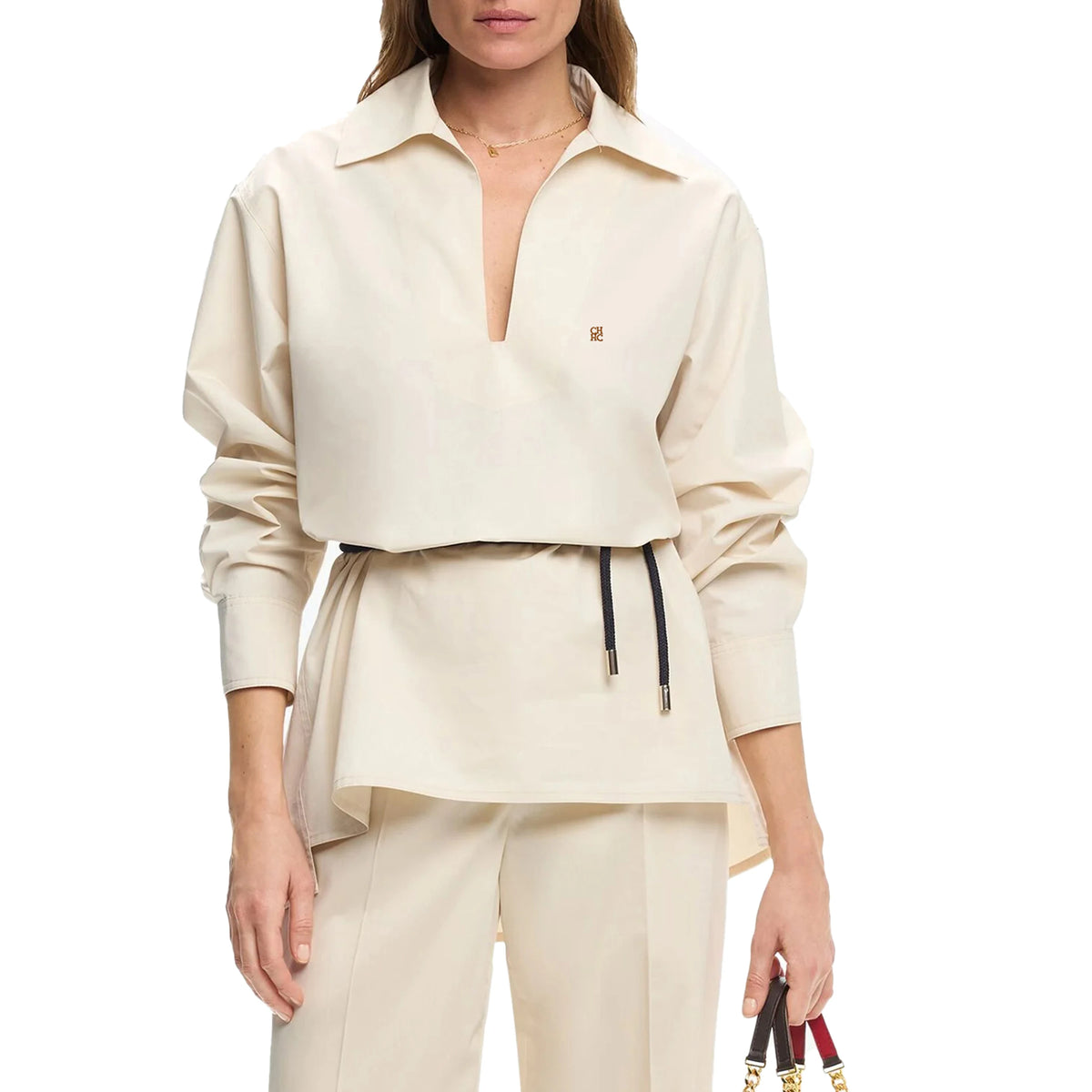 Women's Embroidered V-Neck Office Shirt – Elegant Belted Long Sleeve Office Top