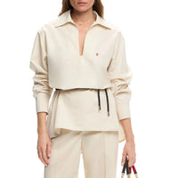 Women's Embroidered V-Neck Office Shirt – Elegant Belted Long Sleeve Office Top
