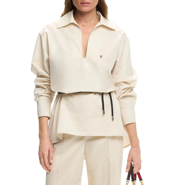 Women's Embroidered V-Neck Office Shirt – Elegant Belted Long Sleeve Office Top