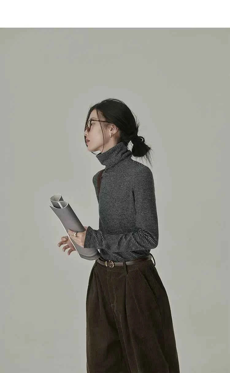 Women's Striped Long Sleeve Turtleneck T-Shirt – Cozy Elegant Korean Style Casual Spring T-Shirt