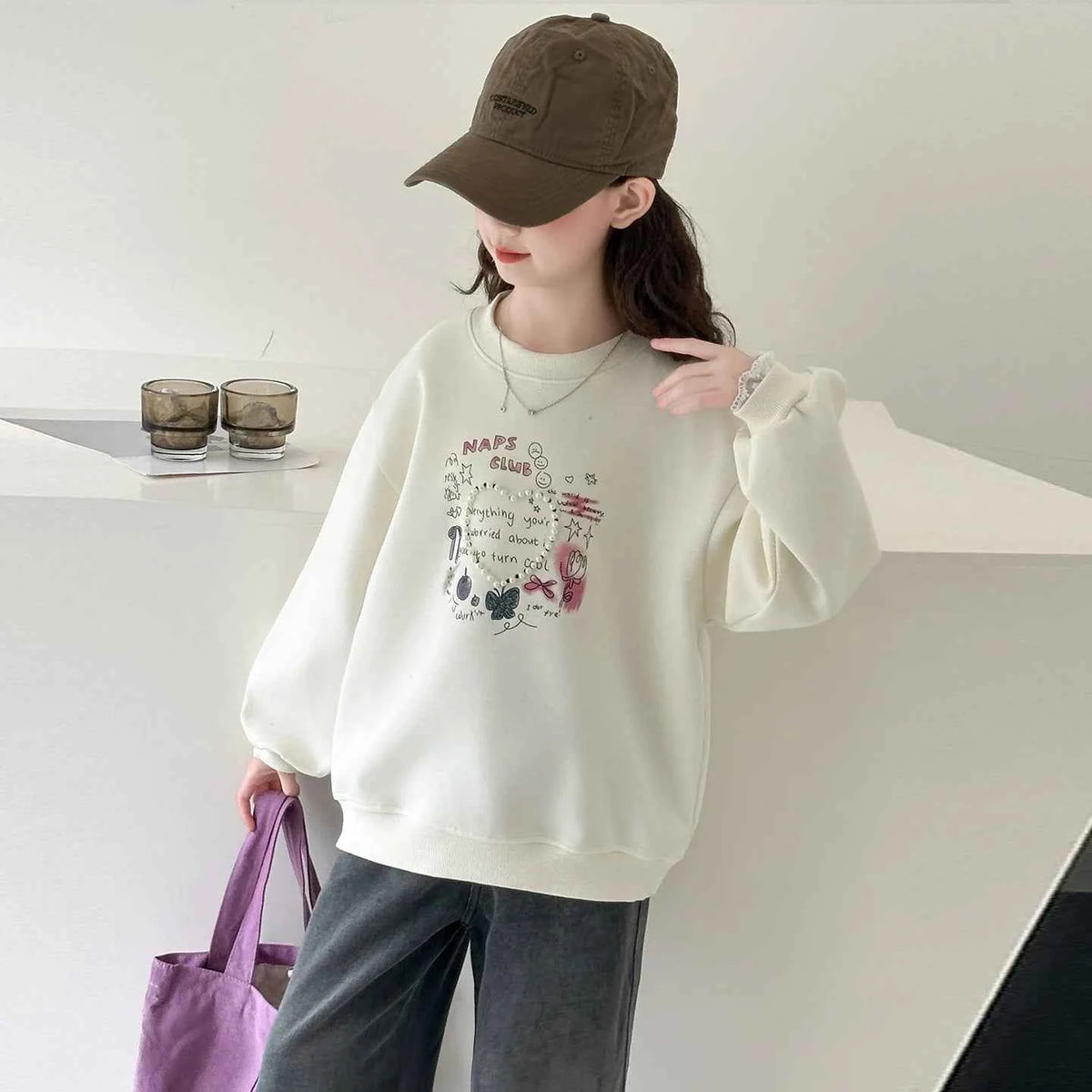 Girls Heart Pearl Sweatshirt – Kids Long Sleeve Casual Fashion Hoodie