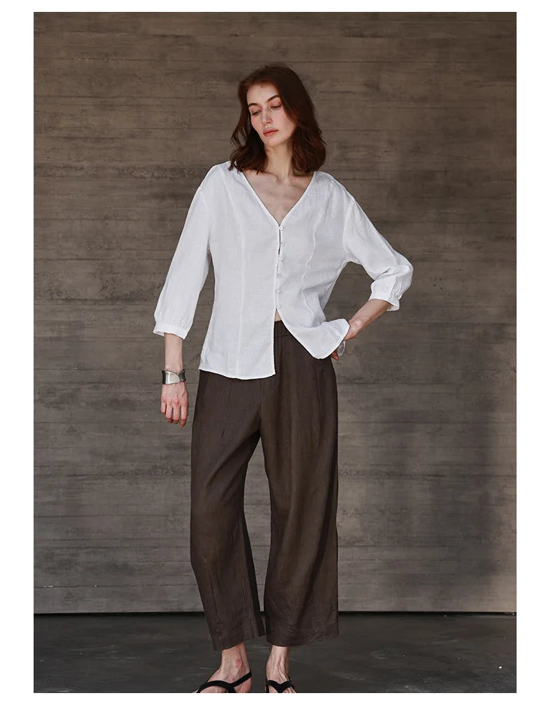 Women's Linen V-Neck Shirt – Premium White Retro Three-Quarter Sleeve Top