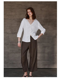 Women's Linen V-Neck Shirt – Premium White Retro Three-Quarter Sleeve Top