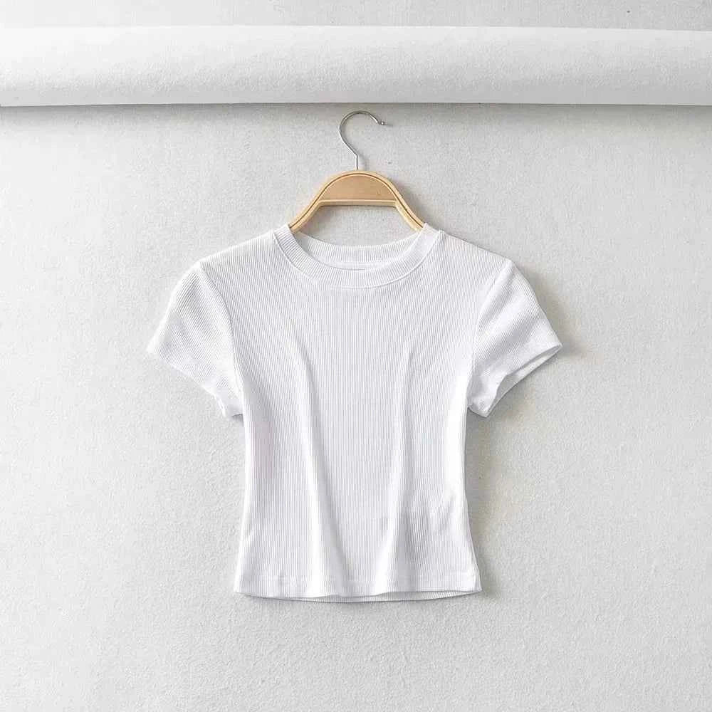 Summer Sexy Women O-neck Short-sleeve T-shirt Solid Color Basic Slim Elastic Skinny Crop Tops