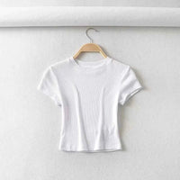 Summer Sexy Women O-neck Short-sleeve T-shirt Solid Color Basic Slim Elastic Skinny Crop Tops