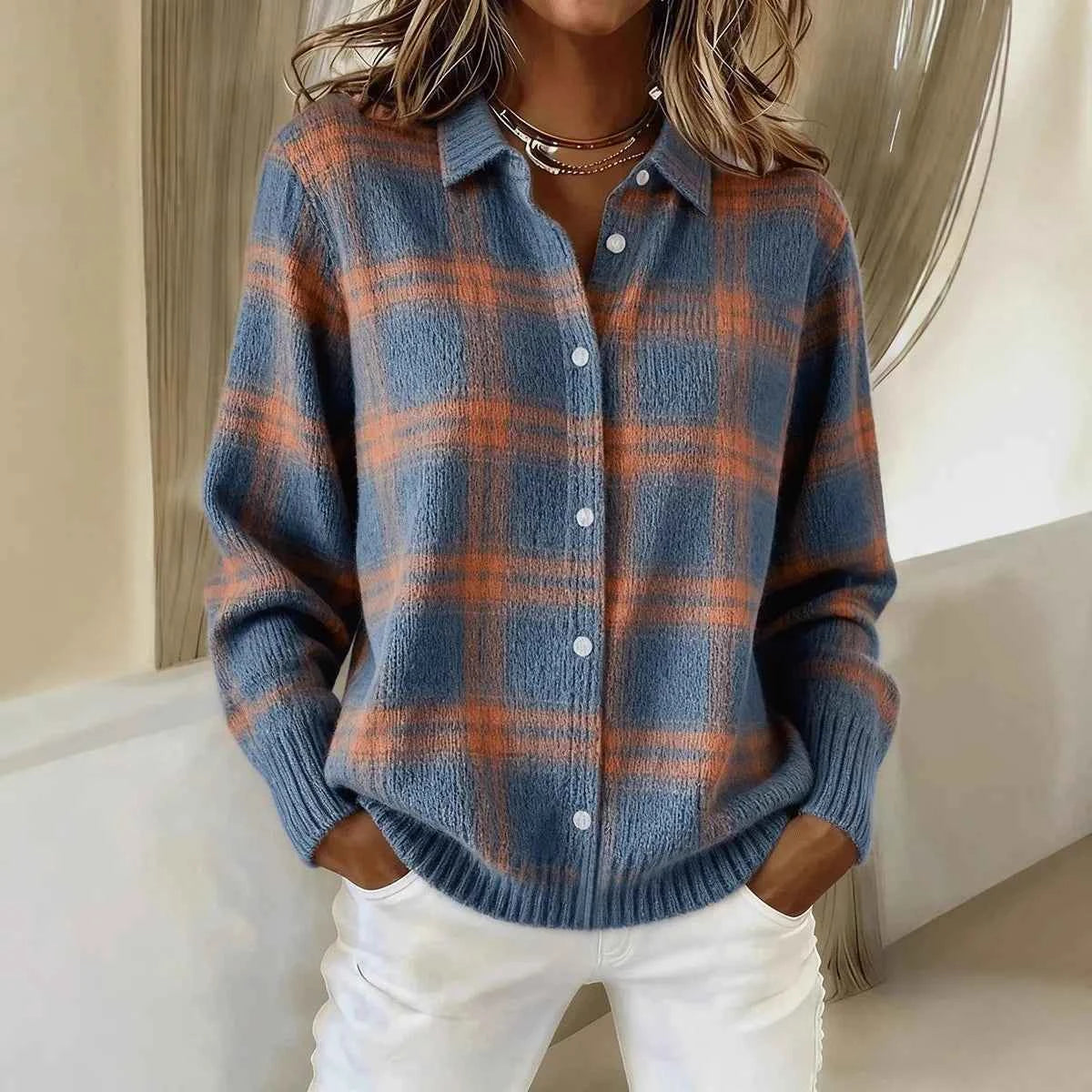 Women's Knitted Lapel Cardigan Top – Solid Color Sweater Shirt 2025