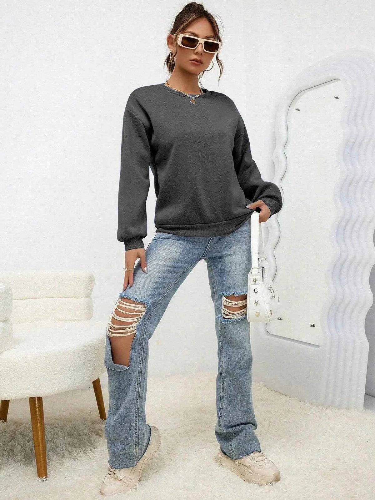 Women's Casual Solid Color Sweatshirt – Loose Fit Crewneck Fashion Pullover