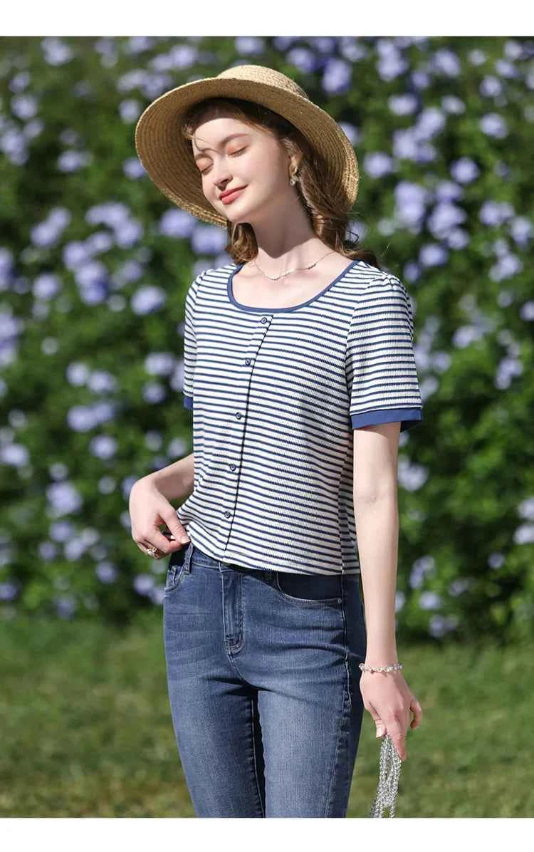 I BELIEVE YOU Women's Striped Slim Knit Top – Casual Retro Summer Round Neck Tee