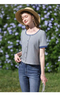 I BELIEVE YOU Women's Striped Slim Knit Top – Casual Retro Summer Round Neck Tee