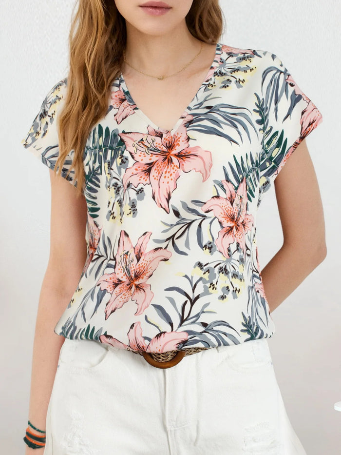 Women's Floral Batwing Sleeve Blouse – V Neck Loose Fit Summer Top