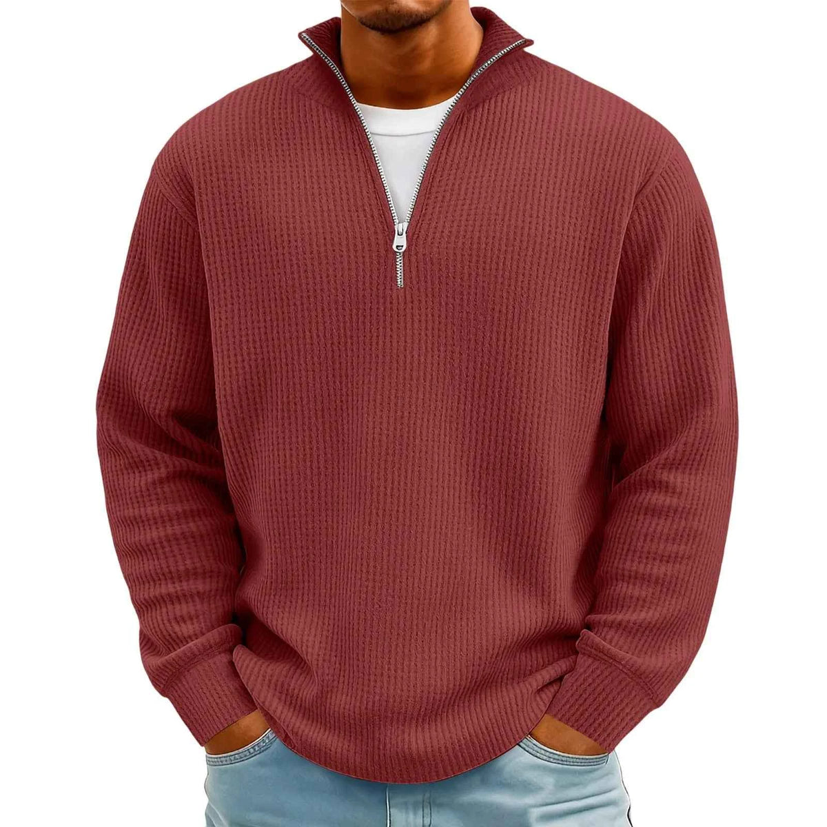 Men's Waffle Long Sleeve Polo T-Shirt – Casual Loose Fit Zipper Collar Sweatshirt