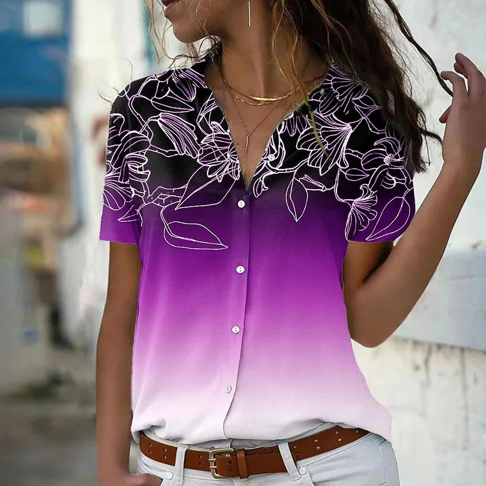 Women's Floral Gradient Tie-Dye Blouse – 3D Flower Short Sleeve Summer Top