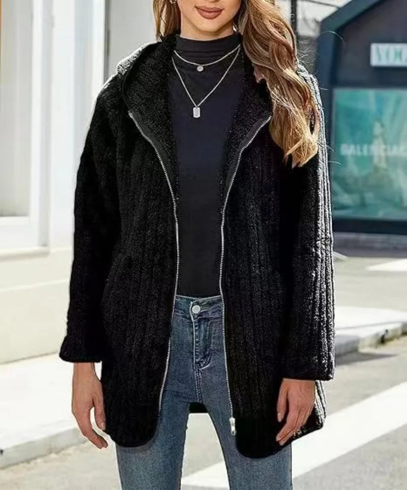 Women's Plus Size Teddy Zip Coat – Warm Hooded Winter Jacket with Pockets