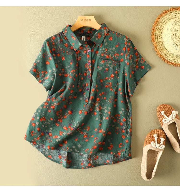 Women's Vintage Floral Print Blouse – Loose Short Sleeve Casual Summer Top