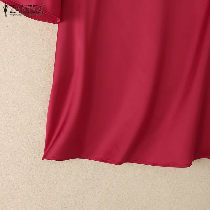 Women's Satin Office Blouse – Elegant Short Sleeve O-Neck Work Top 2025