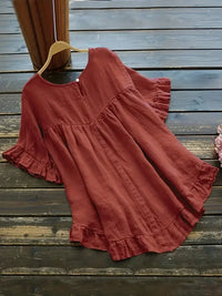Women's Plus Size Ruffled Hem T-Shirt – Casual Short Sleeve Back Button Top