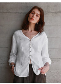 Women's Linen V-Neck Shirt – Premium White Retro Three-Quarter Sleeve Top