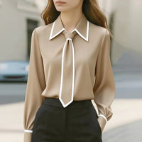 Women's Satin Long Sleeve Office Blouse – Elegant Solid Color Office Pullover