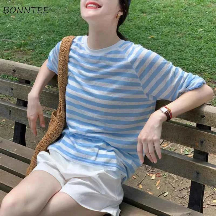 Women's Striped Loose Fit Summer T-Shirt – Trendy Korean Style Sun-Proof Summer Top