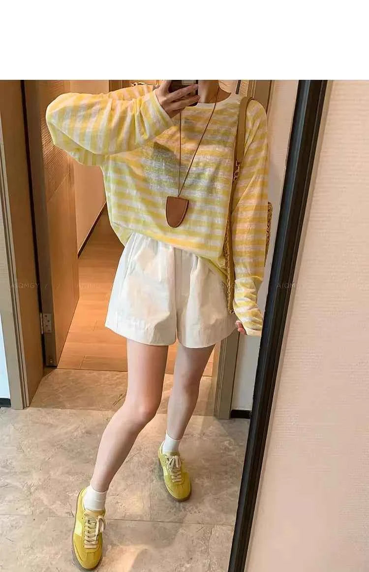 Women's Striped Loose Fit Summer T-Shirt – Trendy Korean Style Sun-Proof Summer Top